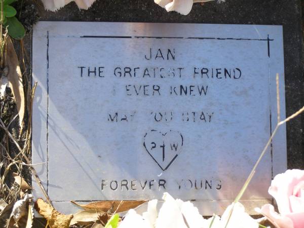 Jeanette M. (Jan) SCOTT,  | 10-3-41 - 3-8-99,  | wife mother gt-grandmother;  | Tea Gardens cemetery, Great Lakes, New South Wales  | 