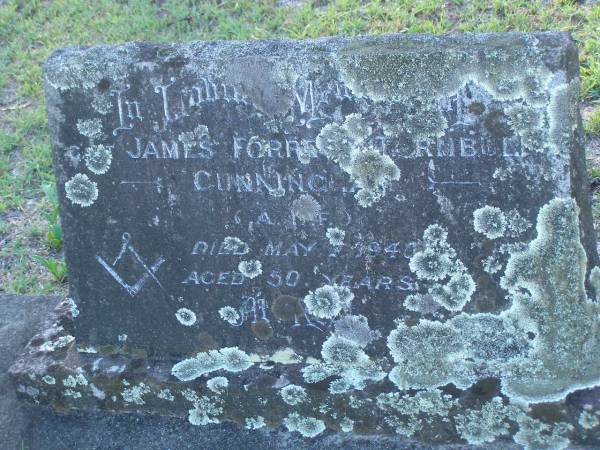 James Forrest Turnbull CUNNINGHAM,  | died 1 May 1940 aged 50 years;  | Tea Gardens cemetery, Great Lakes, New South Wales  | 