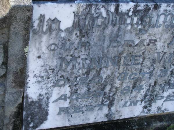 Minnie VINGOE,  | mother,  | died 5 Oct 1959 aged 84 years;  | Tea Gardens cemetery, Great Lakes, New South Wales  | 