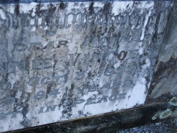 Minnie VINGOE,  | mother,  | died 5 Oct 1959 aged 84 years;  | Tea Gardens cemetery, Great Lakes, New South Wales  | 