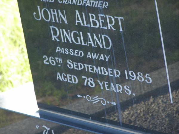 John Albert RINGLAND,  | husband father grandfather,  | died 26 Sept 1985 aged 78 years;  | Doris RINGLAND,  | mother,  | died 10 Sept 1991 aged 81 years;  | Tea Gardens cemetery, Great Lakes, New South Wales  | 