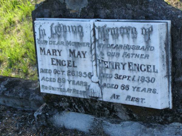 Mary May ENGEL,  | mother,  | died 26 Oct 1956 aged 89 years;  | Henry ENGEL,  | husband father,  | died 1 Sept 1930 aged 66 years;  | Tea Gardens cemetery, Great Lakes, New South Wales  | 