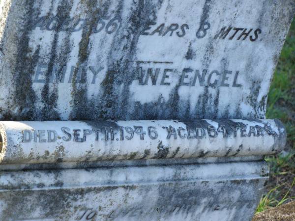 George Adolph ENGEL,  | husband father,  | died 13 March 1918 aged 56 years 8 months;  | Emily Jane ENGEL,  | died 11 Sept 1946 aged 84 years;  | Tea Gardens cemetery, Great Lakes, New South Wales  | 