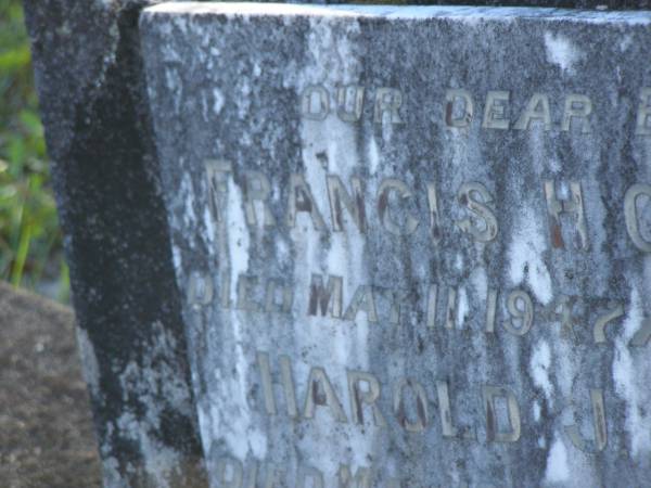 Francis H.C. HOLBERT,  | brother,  | died 11 May 1947 aged 58 years;  | Harold J. HOLBERT,  | brother,  | died 19 May 1947 aged 46 years;  | Tea Gardens cemetery, Great Lakes, New South Wales  |   | 