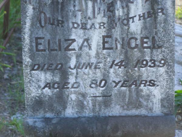 Eliza ENGEL,  | mother,  | died 14 June 1939 aged 80 years;  | Gustav William ENGEL,  | died 10 Nov 1916 aged 68 years 7 months;  | Tea Gardens cemetery, Great Lakes, New South Wales  | 