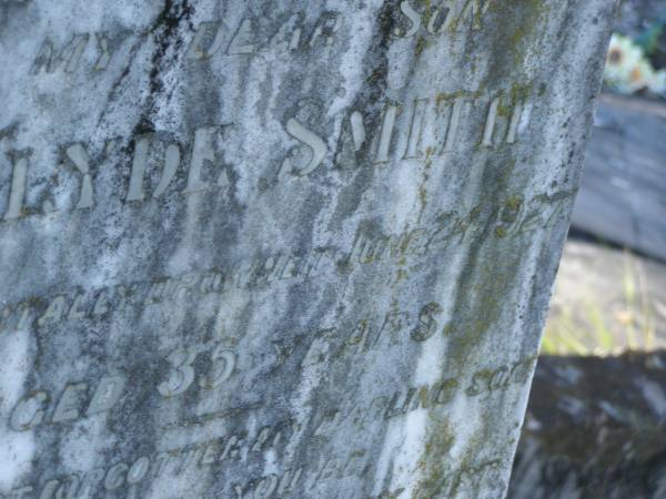 Clyde SMITH,  | son,  | accidentally killed 24 June 1927 aged 35 years;  | Tea Gardens cemetery, Great Lakes, New South Wales  | 