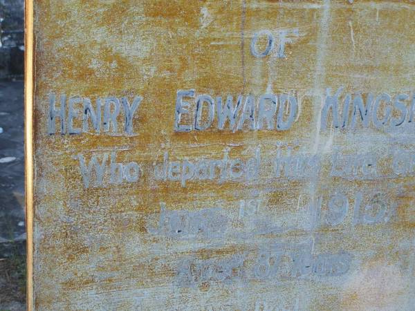 Henry Edward KINGSMILL,  | died 1 June 1915 aged 87 years;  | Tea Gardens cemetery, Great Lakes, New South Wales  | 