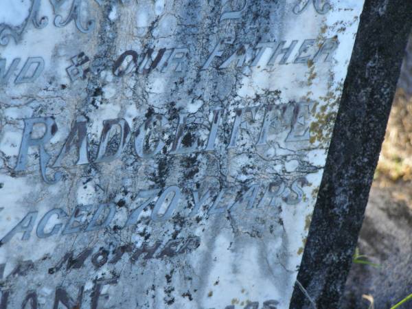 George A. RADCLIFFE,  | husband father,  | died 30 June 1927 aged 70 years;  | Eliza Jane,  | mother,  | died 4 Sept 1947 aged 89 years;  | Tea Gardens cemetery, Great Lakes, New South Wales  | 