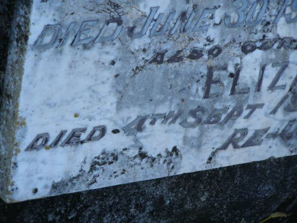 George A. RADCLIFFE,  | husband father,  | died 30 June 1927 aged 70 years;  | Eliza Jane,  | mother,  | died 4 Sept 1947 aged 89 years;  | Tea Gardens cemetery, Great Lakes, New South Wales  | 