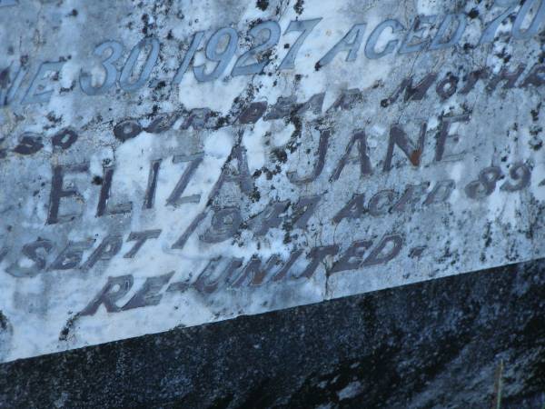 George A. RADCLIFFE,  | husband father,  | died 30 June 1927 aged 70 years;  | Eliza Jane,  | mother,  | died 4 Sept 1947 aged 89 years;  | Tea Gardens cemetery, Great Lakes, New South Wales  | 