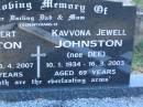 
John Robert JOHNSTON,
dad,
13-12-1923 - 30-4-2007 aged 83 years;
Kavvona Jewell JOHNSTONE (nee DEE),
mum,
10-1-1934 - 16-3-2003 aged 69 years;
Tea Gardens cemetery, Great Lakes, New South Wales
