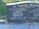 
John William NEWLIN,
husband father pop great-grandfather,
12-4-1922 - 22-3-2005 aged 82 years;
Ella Lucinda Claire NEWLIN,
wife mother nana,
14-2-1927 - 9-6-1996 aged 69 years;
Tea Gardens cemetery, Great Lakes, New South Wales
