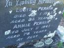 
Louis PERRIN,
died 1 Jan 1945 aged 83 years;
Annie PERRIN,
died 11 July 1945 aged 78 years;
Tea Gardens cemetery, Great Lakes, New South Wales
