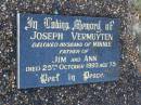 
Joseph VERMUYTEN,
husband of Minnie,
father of Jim & Ann,
died 25 Oct 1993 aged 75 years;
Tea Gardens cemetery, Great Lakes, New South Wales
