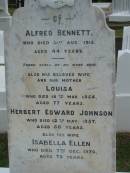 
Alfred BENNETT
31 Aug 1915
aged 44

wife
Louisa (BENNETT)
18 Mar 1954
aged 77

Herbert Edward JOHNSON
12 May 1957
aged 50

wife
Isabella Ellen (JOHNSON)
7 Dec 1974
aged 73

The Gap Uniting Church, Brisbane
