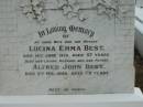 
Lucina Emma BEST
16 Jun 1926
aged 57

Alfred John BEST
8 Feb 1948
aged 79

The Gap Uniting Church, Brisbane
