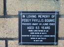 
Peggy Phyllis BOURKE
14 Jun 1985
aged 63
mother of Lee
sister of Betty
daughter of David and Lucy Carnegie (Deceased)
sister of Don (Deceased)

The Gap Uniting Church, Brisbane
