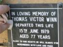 Thomas Victor WINN 15 Jun 1979 aged 77  The Gap Uniting Church, Brisbane 