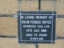 Colin Fergus BRYCE
19 Jul 1986
aged 76
The Gap Uniting Church, Brisbane