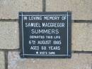 Samuel MacGregor SUMMERS 6 Aug 1985 aged 68  The Gap Uniting Church, Brisbane 