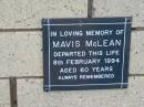 Mavis McLEAN 8 Feb 1994 aged 60  The Gap Uniting Church, Brisbane 