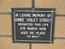 Annie Violet STROUT
6 Mar 1978
aged 96
The Gap Uniting Church, Brisbane