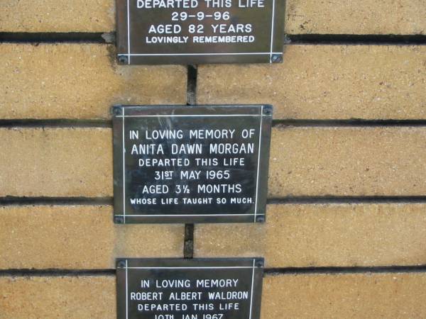 Anita Dawn MORGAN  | 31 May 1965  | aged 3 1/2 months  |   | The Gap Uniting Church, Brisbane  | 