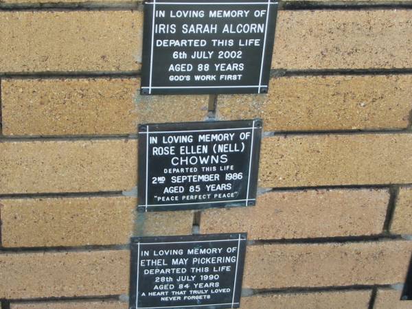 Rose Ellen (Nell) CHOWNS  | 2 Sep 1986  | aged 85  |   | The Gap Uniting Church, Brisbane  | 