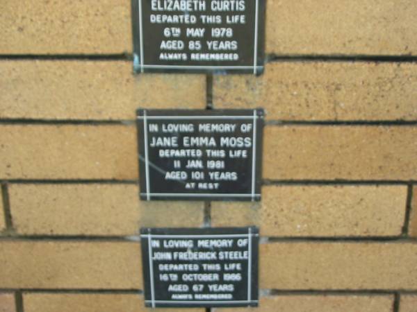Jane Emma MOSS  | 11 Jan 1981  | aged 101  |   | The Gap Uniting Church, Brisbane  | 