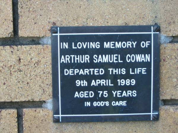 Arthur Samuel COWAN  | 9 Apr 1989  | aged 75  |   | The Gap Uniting Church, Brisbane  | 