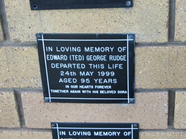Edward (Ted) George RUDGE  | 24 May 1999  | aged 95  |   | The Gap Uniting Church, Brisbane  | 