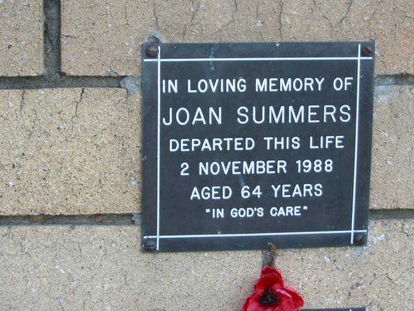 Joan SUMMERS  | 2 Nov 1988  | aged 64  |   | The Gap Uniting Church, Brisbane  | 