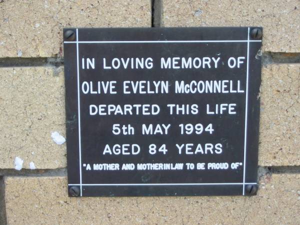 Olive Evelyn McCONNELL  | 5 May 1994  | aged 84  |   | The Gap Uniting Church, Brisbane  | 