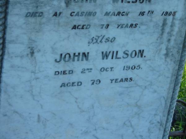 Mary CRAWFORD,  | wife of John WILSON,  | died Casino 16 March 1905 aged 78 years;  | John WILSON,  | died 2 Oct 1905 aged 79 years;  | Wilson Family Private Cemetery, The Risk via Kyogle, New South Wales  | 