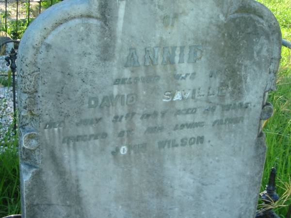 Annie, wife of David SAVILLE,  | died 31 July 1907 aged 28? years;  | erected by father John WILSON;  | Wilson Family Private Cemetery, The Risk via Kyogle, New South Wales  | 