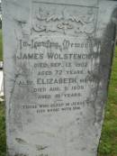 
James WOLSTENCROFT,
died 13 Sept 1902 aged 72 years;
Elizabeth,
wife,
died 9 Aug 1909 aged 81 years;
Tiaro cemetery, Fraser Coast Region
