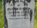 
Magnus STEVEN,
died 28 April 1918 aged 79 years;
daughters Barbara, Margery;
sons Robert, Magnes David, Thomas, John, Samuel;
Robertina,
wife,
died 26 Oct 1937 aged 95 years 6 months;
Tiaro cemetery, Fraser Coast Region
