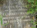 
Elizabeth WILSON,
daughter,
died 18 Jan 1920 aged 2 years 9 months;
Tiaro cemetery, Fraser Coast Region
