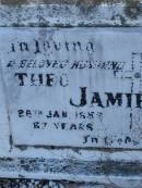 
Theo JAMIESON,
husband,
died 28 Jan 1958 aged 67 years;
Maryann JAMIESON,
wife
died 29 Sept 1974 aged 80 years;
Tiaro cemetery, Fraser Coast Region
