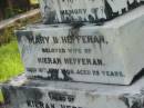 
Mary B. HEFFERAN,
wife of Kieran HEFFERAN,
died 10 July 1908 aged 75 years;
Kieran HEFFERAN,
husband,
born Shannon Bridge Kings County Ireland,
died 7 Sept 1918 aged 83 years;
Tiaro cemetery, Fraser Coast Region
