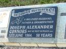 
Joseph Alexander CONNORS,
husband father grandfather,
died 12 June 1964 aged 58 years;
Tiaro cemetery, Fraser Coast Region
