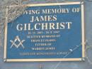 
James GILCHRIST,
25-11-1901 - 24-5-1947,
husband of Frances Isabel,
father of Warren James;
Tiaro cemetery, Fraser Coast Region
