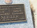 
Charlotte Lizzie NEISLER (nee BROWN),
21-8-1887 - 16-12-1946;
Carl Adolph (Charlie) NEISLER,
30-3-1883 - 8-11-1962;
Tiaro cemetery, Fraser Coast Region
