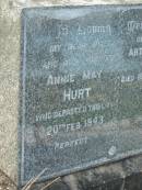 
Annie May HURT,
wife mother,
died 20 Feb 1943;
Arthur Smith HURT,
father,
died 16 Aug 1958;
Tiaro cemetery, Fraser Coast Region
