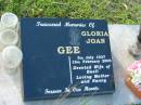 
Gloria Joan GEE,
5 July 1937 - 16 Feb 2005,
wife of Basil,
mother nanny;
Tiaro cemetery, Fraser Coast Region
