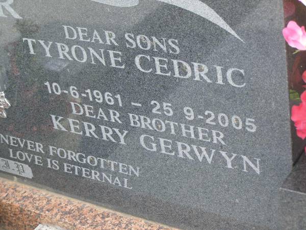 Delphine Cora POWER (nee FRESHNEY),  | mother,  | 2-7-1924 - 27-2-2001;  | Stanley Richard POWER,  | father,  | 8-11-1922 - 9-5-2004;  | Tyrone Cedric POWER,  | son,  | 10-6-1961 - 25-9-2005;  | Kerry Gerwyn POWER;  | Tiaro cemetery, Fraser Coast Region  |   | 