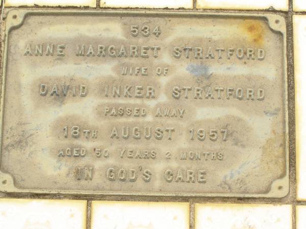 Anne Margaret STRATFORD,  | wife of David Inker STRATFORD,  | died 18 Aug 1957 aged 50 years 2 months;  | Tiaro cemetery, Fraser Coast Region  |   | 