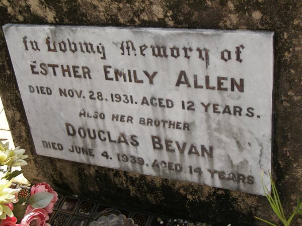 Esther Emily ALLEN,  | died 28 Nov 1931 aged 12 years;  | Douglas Bevan,  | brother,  | died 4 June 1939 aged 14 years;  | Tiaro cemetery, Fraser Coast Region  | 