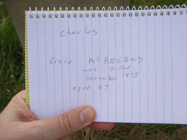 Charles,  | husband? of Grace MORELAND,  | killed Dec 1875? aged 87? 37? years;  | Tiaro cemetery, Fraser Coast Region  | 