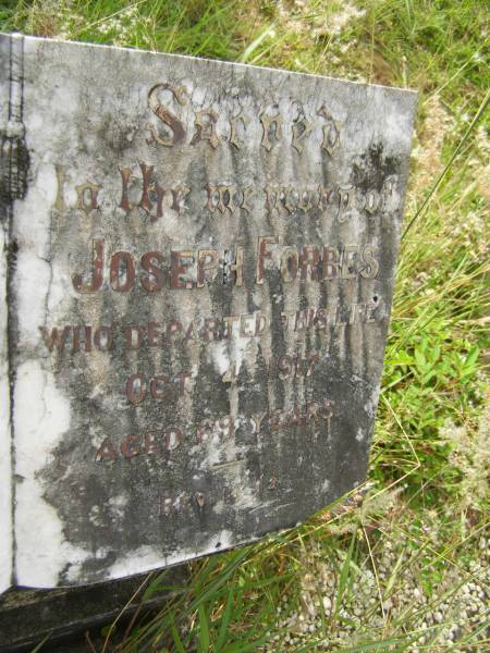 Margaret FORBES,  | died 1 Nov 1916 aged 72 years;  | Joseph FORBES,  | died 4 Oct 1917 aged 69 years;  | Tiaro cemetery, Fraser Coast Region  | 